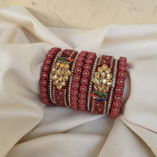 Maroon Color Peacock Inspired 1 Set Of Thread Bangle With Traditional Handcrafted Appeal