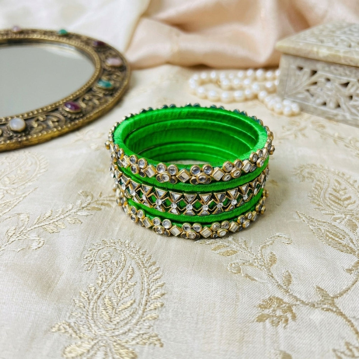 Green Color Thread Bangle Set with Stylish Traditional Fashion Appeal