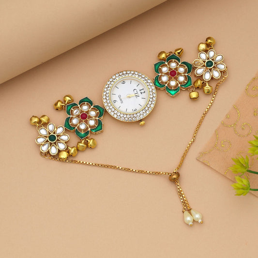 Rani & Green Color Kundan Watch For Girls & Women Stylish Ethnic Designer Timepiece