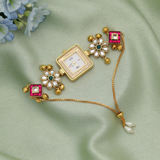 Rani & Green Color Kundan Watch For Girls & Women Elegant Traditional Jewelry Watch