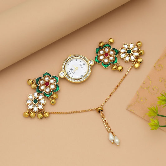Rani & Green Color Kundan Watch For Girls & Women Festive Wear Designer Watch