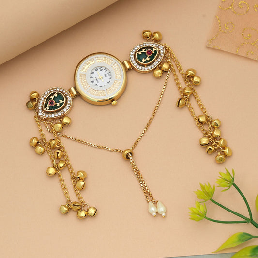 Green Color Kundan Watch For Girls & Women Stylish Minimal Designer Watch