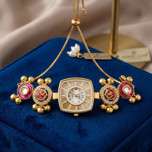 Elegante Rani-farbene stilvolle Kundan-Uhr für Mädchen & Frauen täglich