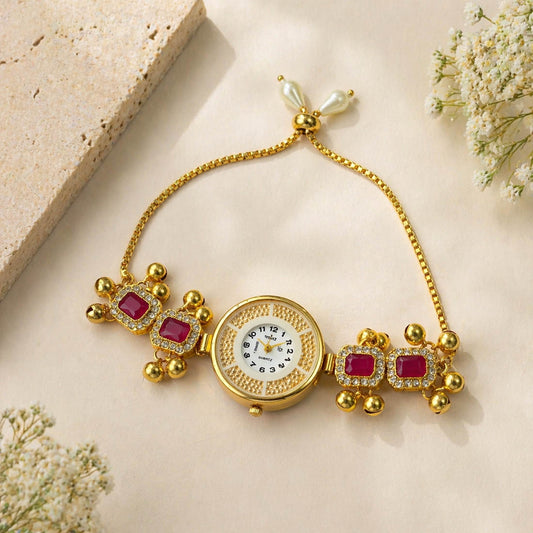 Attractive Rani Color Royal Kundan Watch For Girls & Women Casual