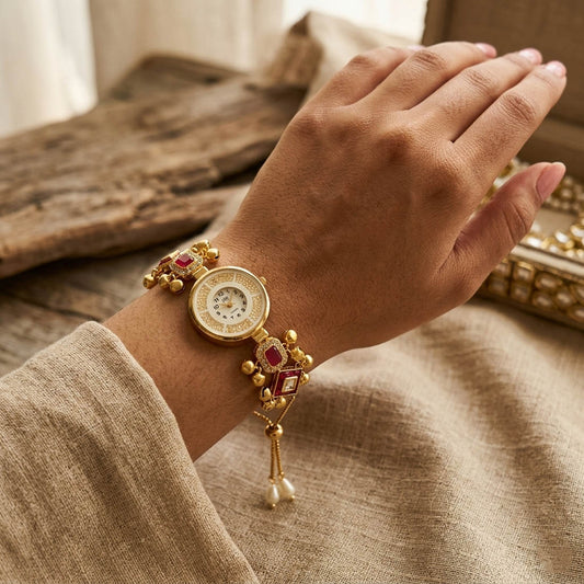 Charming Rani Color Modern Kundan Watch For Girls & Women Wedding