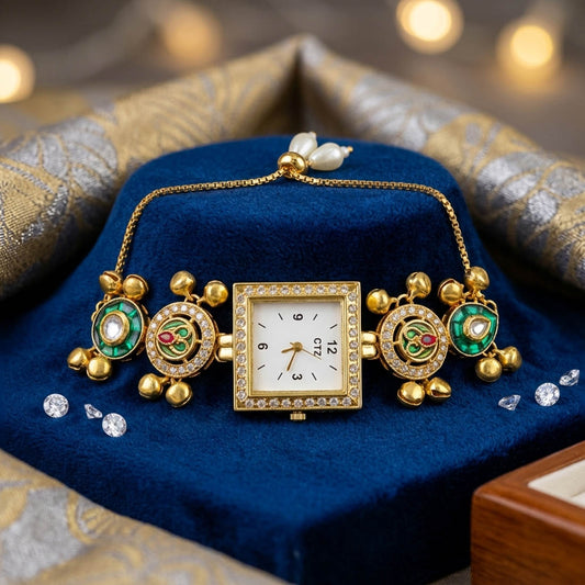 Lovely Green Color Stylish Kundan Watch For Girls & Women Daily