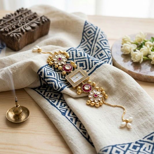 Premium Rani-farbene Kundan-Uhr für Mädchen & Frauen Designer-Ethno-Modeaccessoire