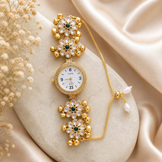 Classic Green Color Kundan Watch For Girls & Women Elegant Traditional Jewelry Style