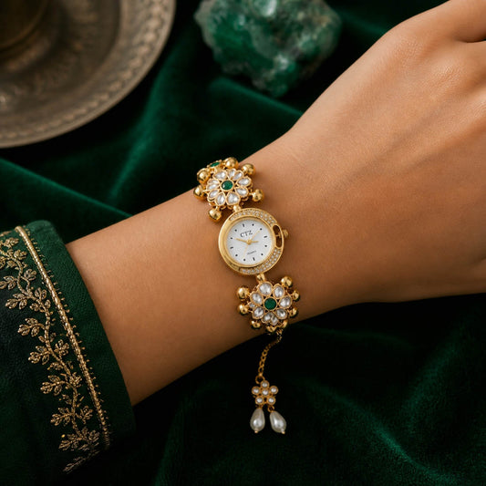 Elegant Green Color Kundan Watch For Girls & Women Traditional Party Wear Design