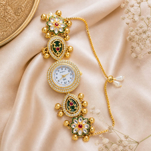 Charming Rani & Green Color Kundan Watch For Girls & Women Ethnic Designer Piece