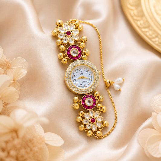 Trendy Rani Color Kundan Watch For Girls & Women Elegant Party Wear Accessory