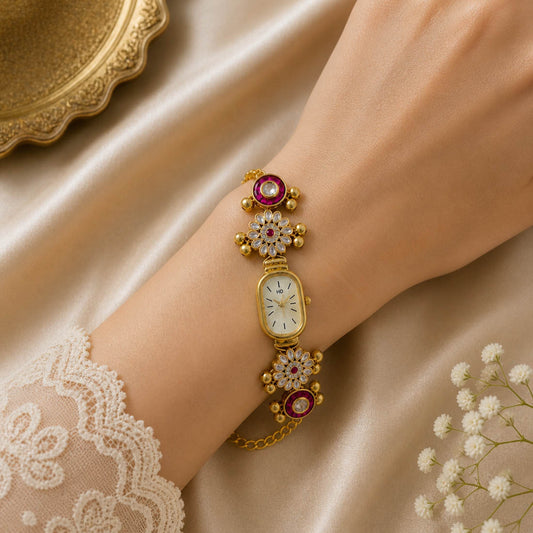 Classic Rani Color Kundan Watch For Girls & Women Elegant Ethnic Party Wear