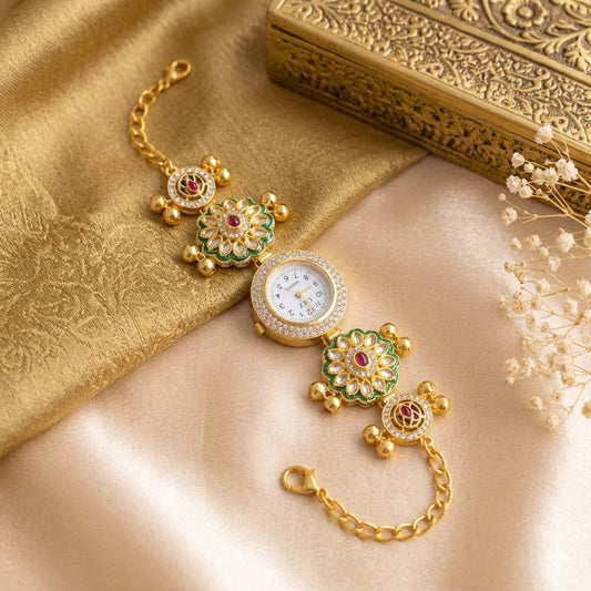Wunderschöne Rani & grüne Kundan-Uhr für Mädchen & Frauen im festlichen Design