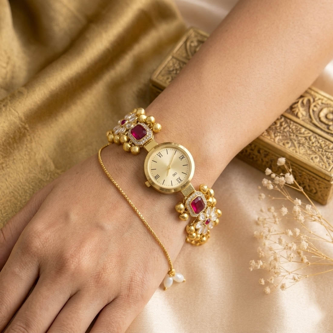 Elegante Rani-farbene Kundan-Uhr für Mädchen & Frauen im modern-traditionellen Look
