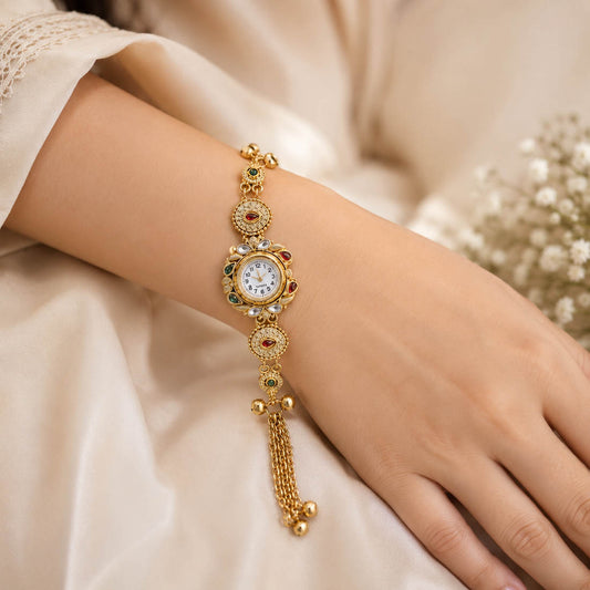 Stylische Rani- & Grünfarbene Kundan Uhr für Mädchen & Frauen im Ethno-Fashion-Design
