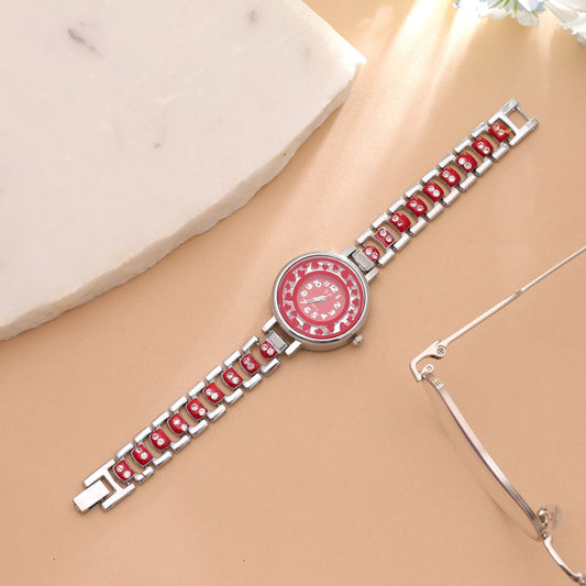 Red Color Silver Plated Watch For Girls & Women with Stylish Modern Fashion Look