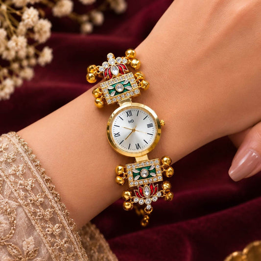 Gold Plated Kashmiri Kundan Watch for Girls & Women Elegant Ethnic Style