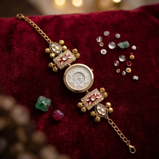 Red Color Gold Plated Kashmiri Kundan Watch for Girls & Women Royal Jewelry Finish