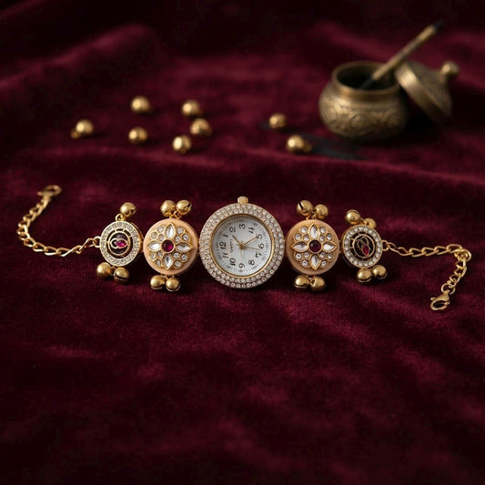 Maroon Color Gold Plated Kashmiri Kundan Watch for Girls & Women Traditional Fashion Style