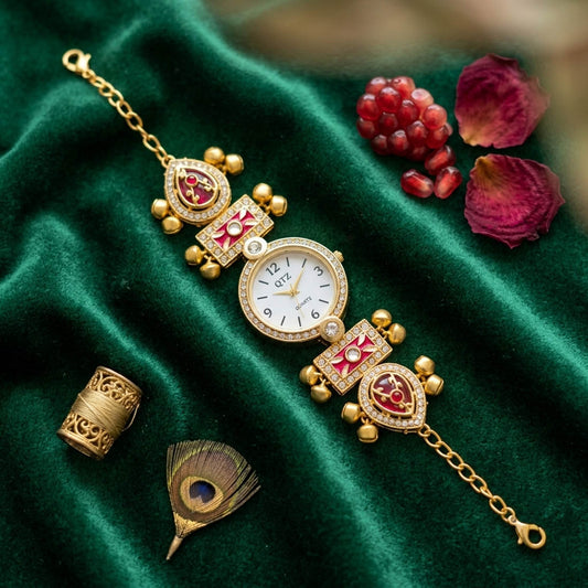 Sweet Magenta Pink Color Pearl Embellished Bracelet Watch For Girls & Women