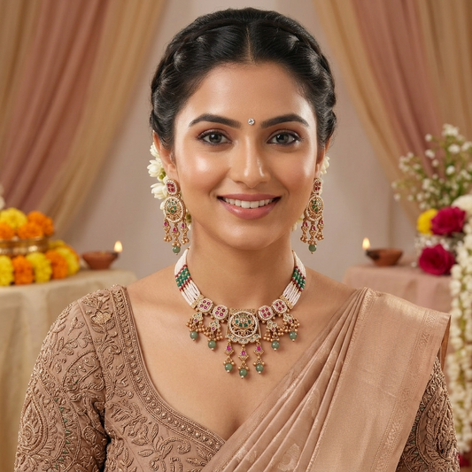 Multi Color Kundan Necklace Set with Matte Gold Choker Design Jewelry