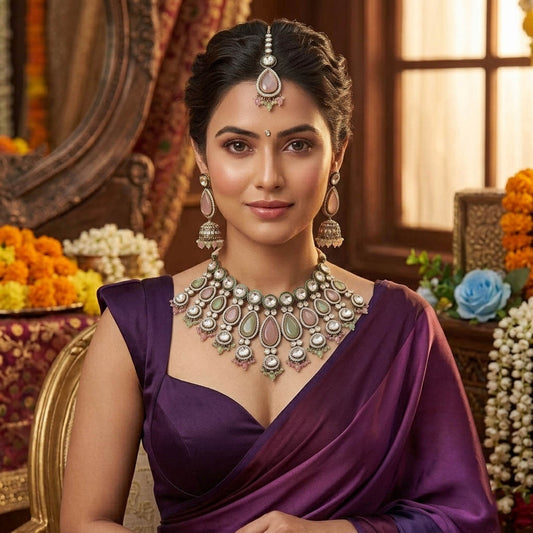 Beautiful Pink & Pista Green Color Kundan Necklace Set For Festive Occasions