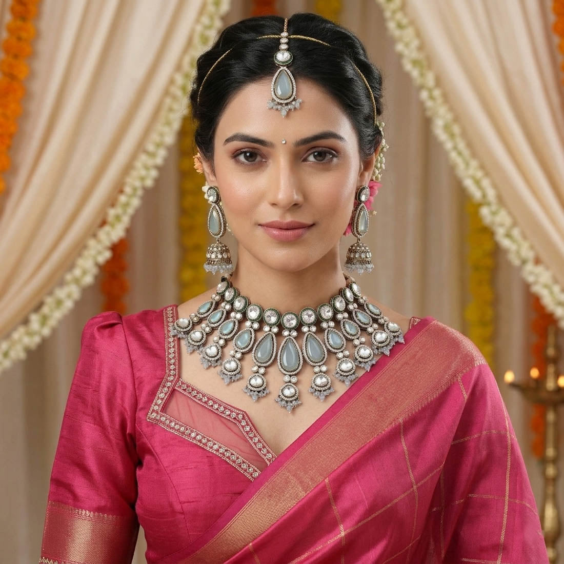 Exklusives himmelblaues Kundan-Halsketten-Set mit traditionellem, festlichem königlichem Design