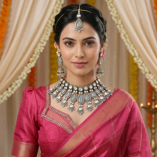 Exclusive Sky Blue Color Kundan Necklace Set With Traditional Festive Royal Design