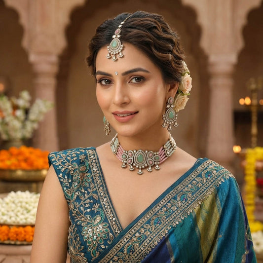 Stylish Light Green & Pink Color Choker Kundan Necklace Set Collection