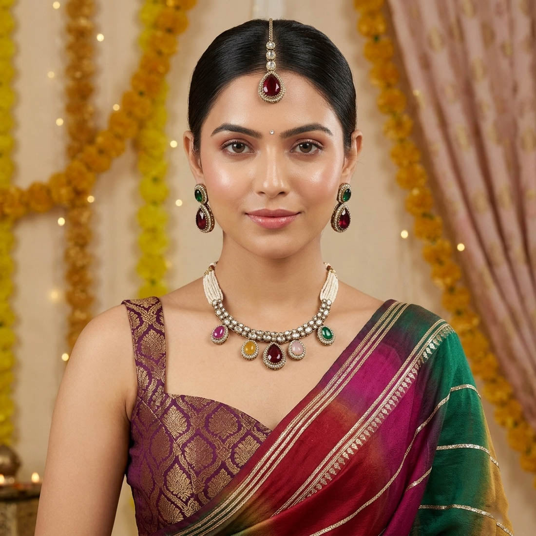 Charming Multi Color Kundan Necklace Set For Festive Traditional Party Wear