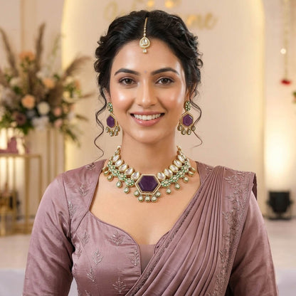 Gorgeous Purple Color Kundan Necklace Set with Premium Traditional Indian Craftsmanship