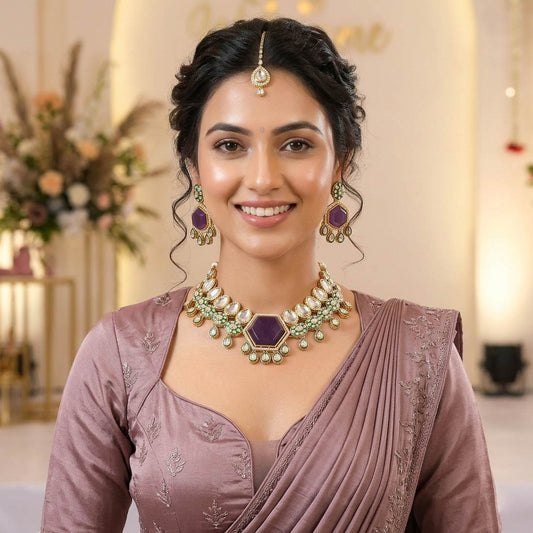 Gorgeous Purple Color Kundan Necklace Set with Premium Traditional Indian Craftsmanship