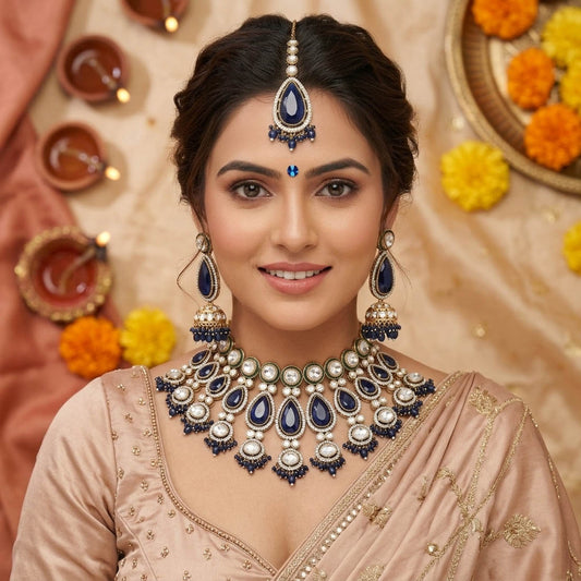 Stylish Blue Color Kundan Necklace Set With Royal Ethnic Traditional Craftsmanship Design