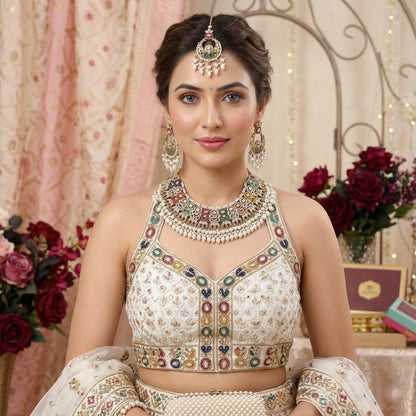 Multi Color Pakistani Kundan Necklace Set Traditional Designer Jewelry With Rich Detailing