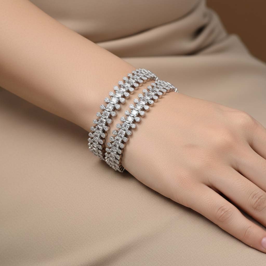 Silver Color Classic Bridal Look American Diamond Bangle Size: 2.6 For Party Occasions