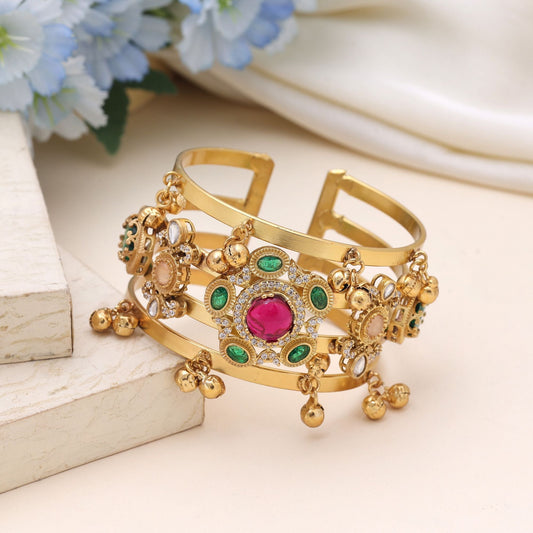Rani & Green Color American Diamond Bracelet With Dual Tone Festive Elegance