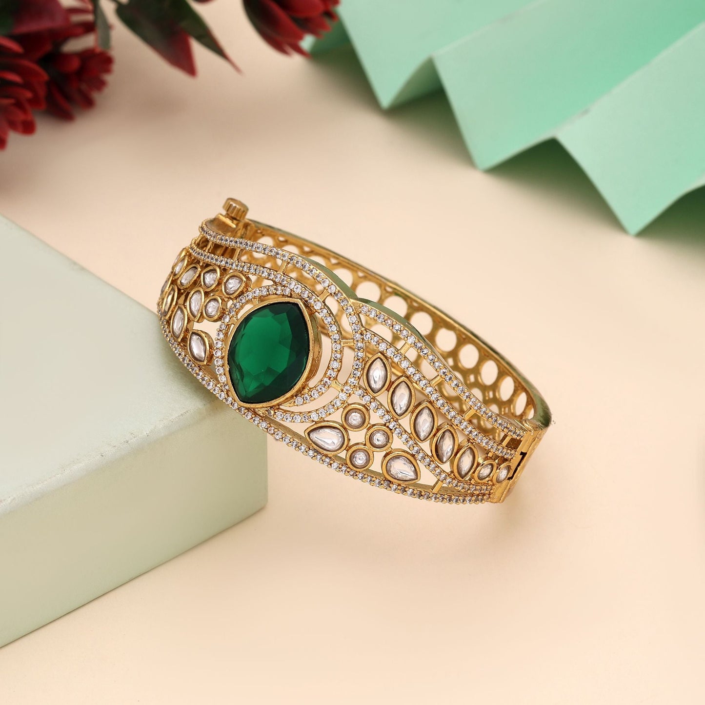 Green Color American Diamond Bracelet Featuring Premium Polish And Sparkle