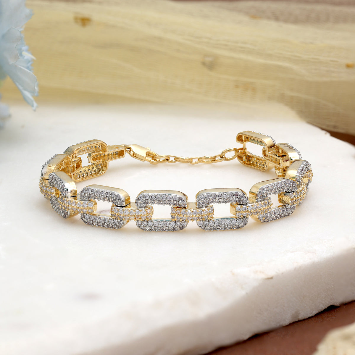 Dual Tone Gold & Silver Color American Diamond Bracelet For Contemporary Eveningwear