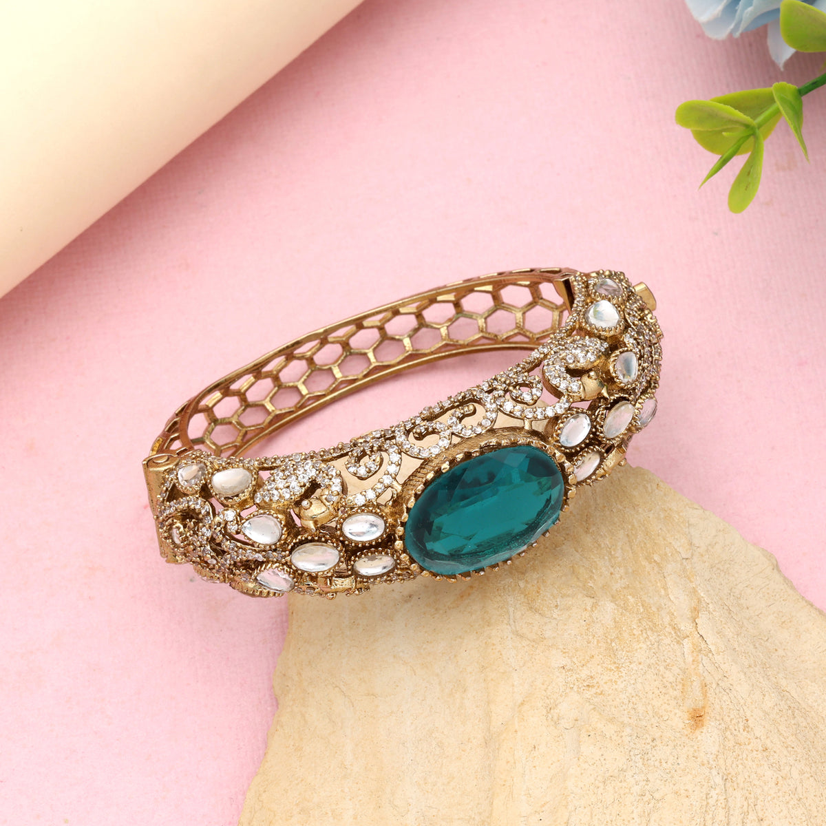 Captivating Teal Rama Green Color American Diamond Bracelet For Special Event Styling