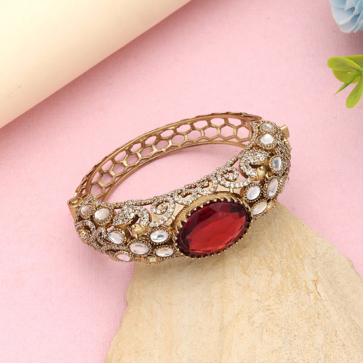 Rich Velvet Maroon Color American Diamond Bracelet Perfect For Traditional Wedding Guests