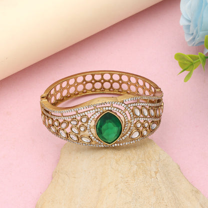 Lush Emerald Green Color American Diamond Bracelet Tailored For Royal Ethnic Dresses