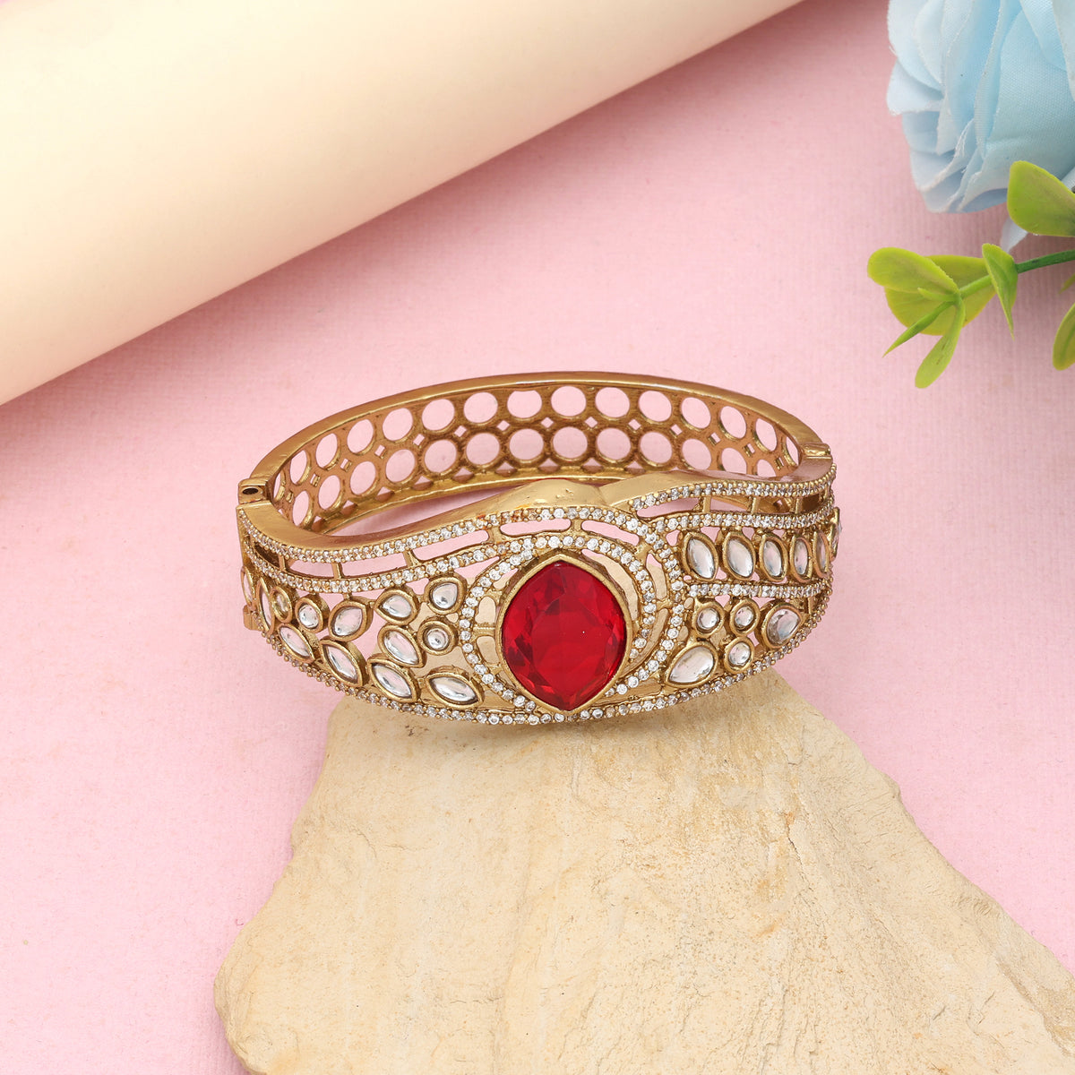 Classic Crimson Red Color American Diamond Bracelet Specially Crafted For Sangeet Nights