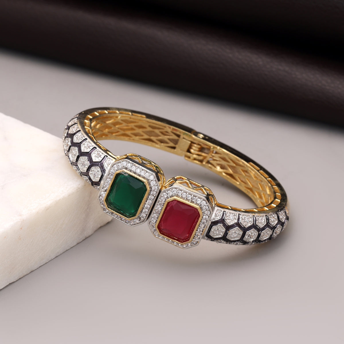 Traditional Dual Tone Red & Green Color American Diamond Bracelet For Wedding Functions