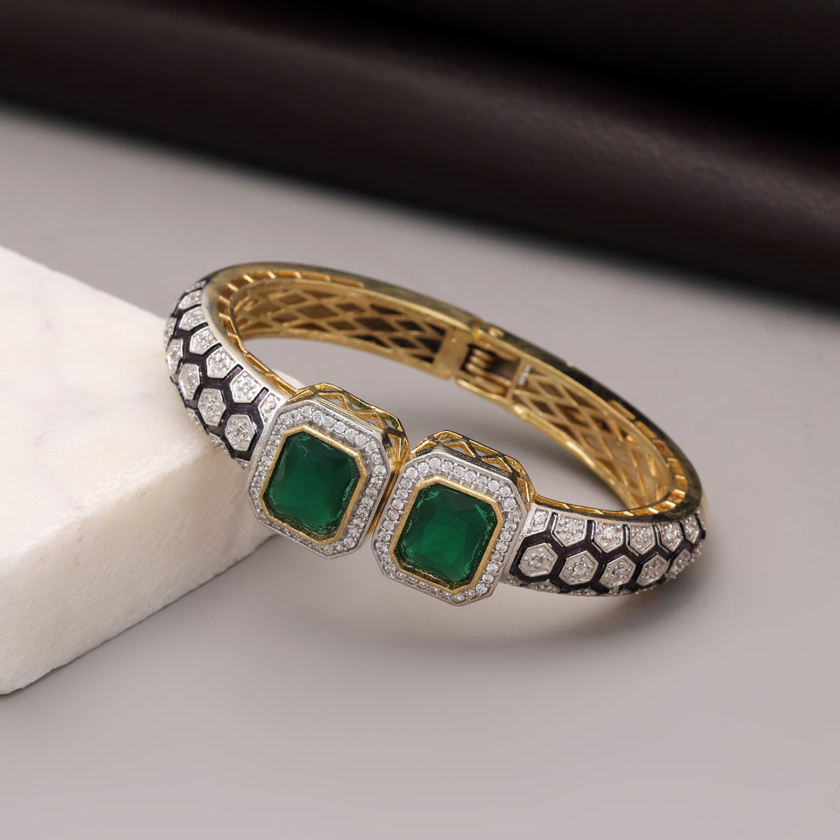 Deep Forest Green Color American Diamond Bracelet Tailored For Evening Ethnic Attire
