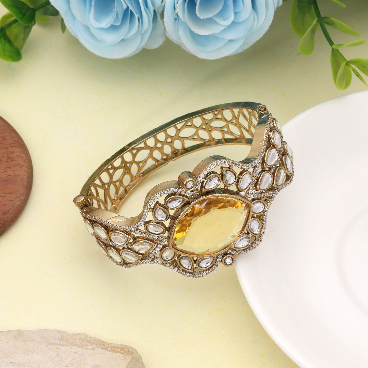 Soft Pastel Light Yellow Color American Diamond Bracelet For Daytime Festive Gatherings