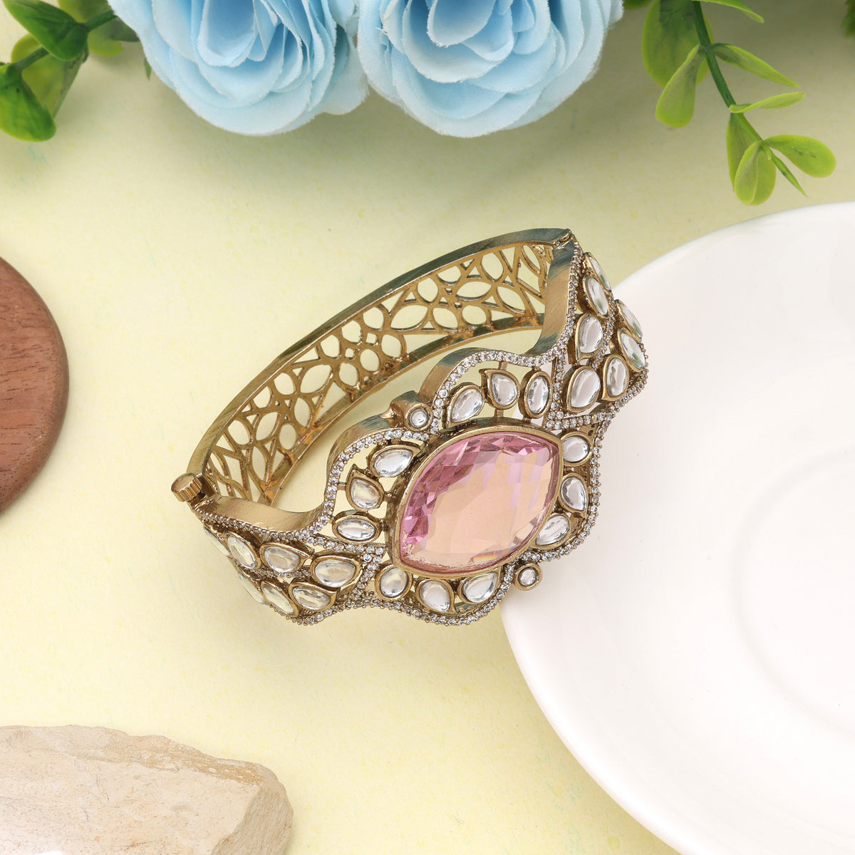 Pretty Rose Light Pink Color American Diamond Bracelet Ideal For Casual Partywear
