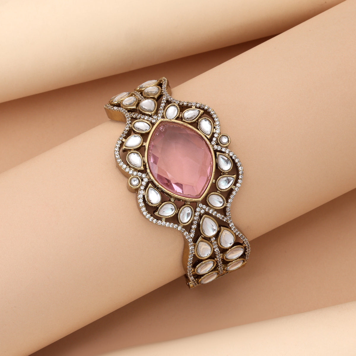 Pretty Rose Light Pink Color American Diamond Bracelet Ideal For Casual Partywear