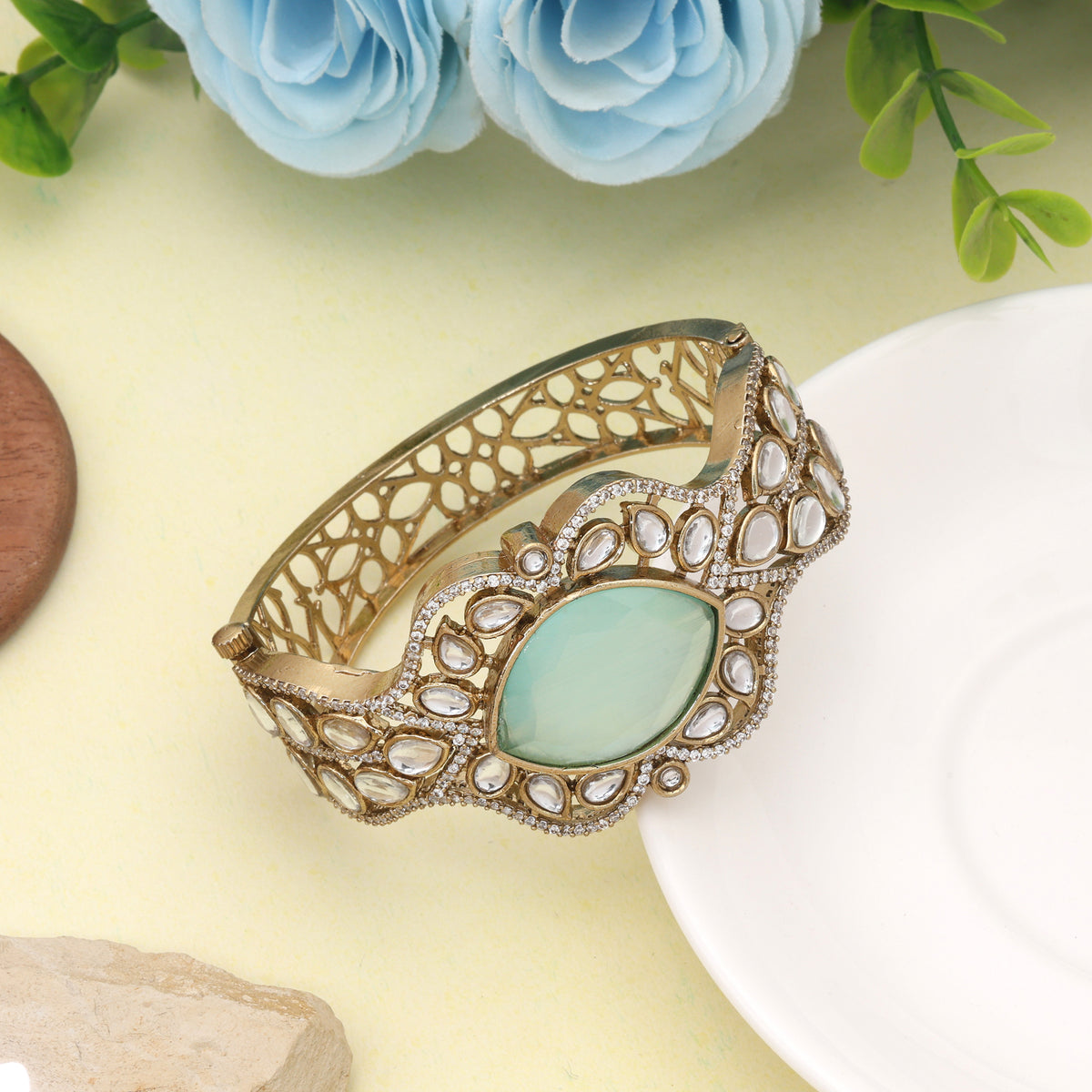 Refreshing Pista Green Color American Diamond Bracelet Specially Designed For Women Wear