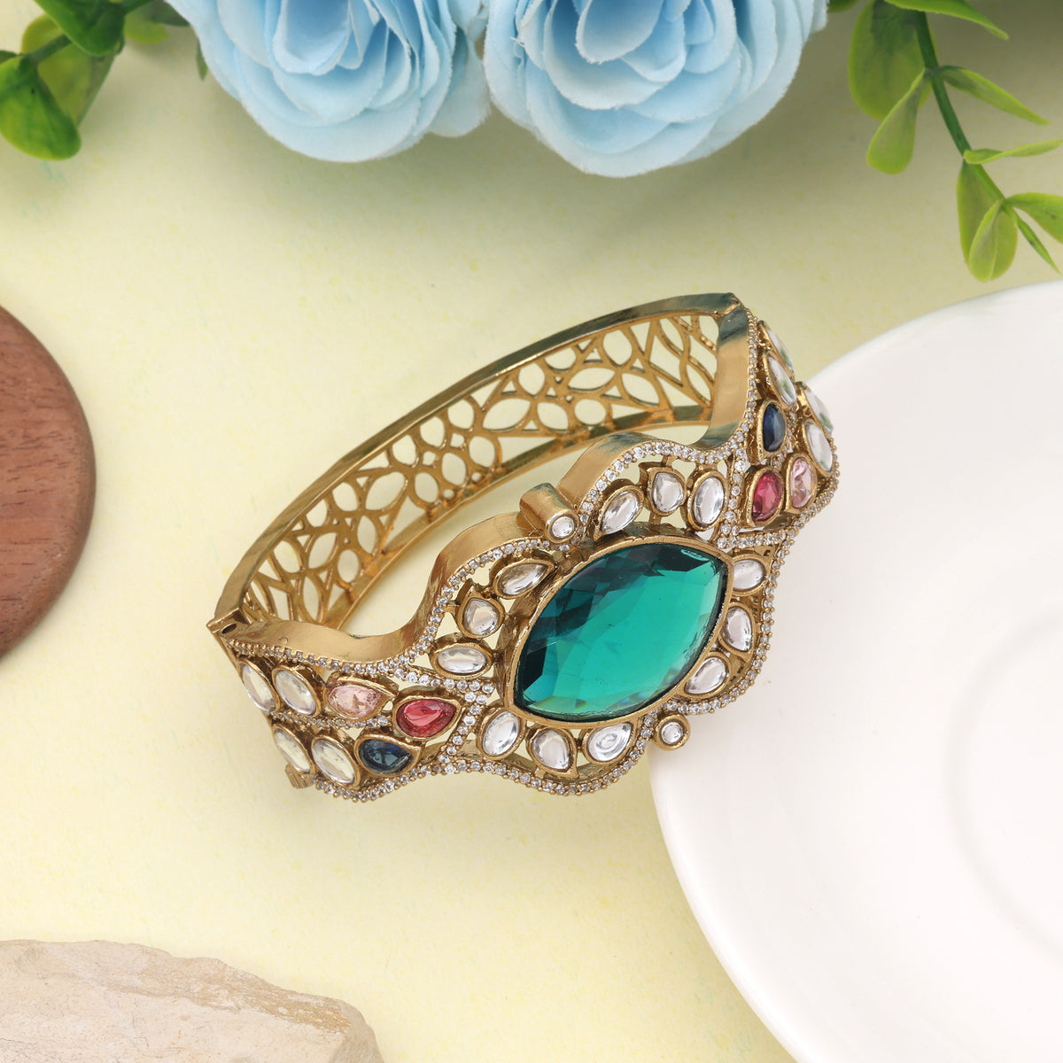 Radiant Rama Green Color American Diamond Bracelet Perfect For Contemporary Saree Pairing