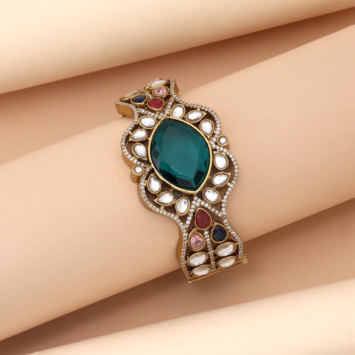 Radiant Rama Green Color American Diamond Bracelet Perfect For Contemporary Saree Pairing